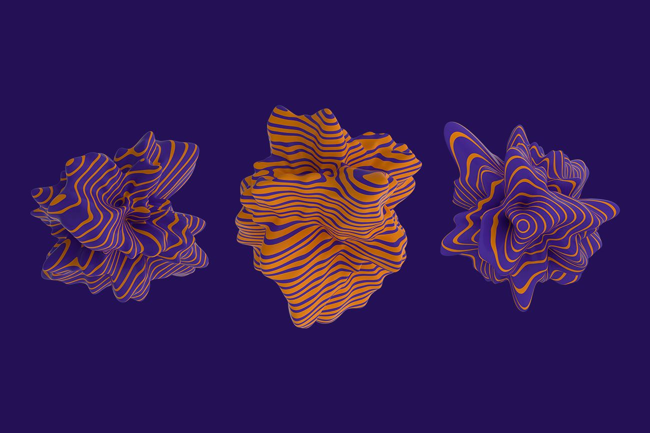 Abstract 3D wavy shapes with orange and purple patterns